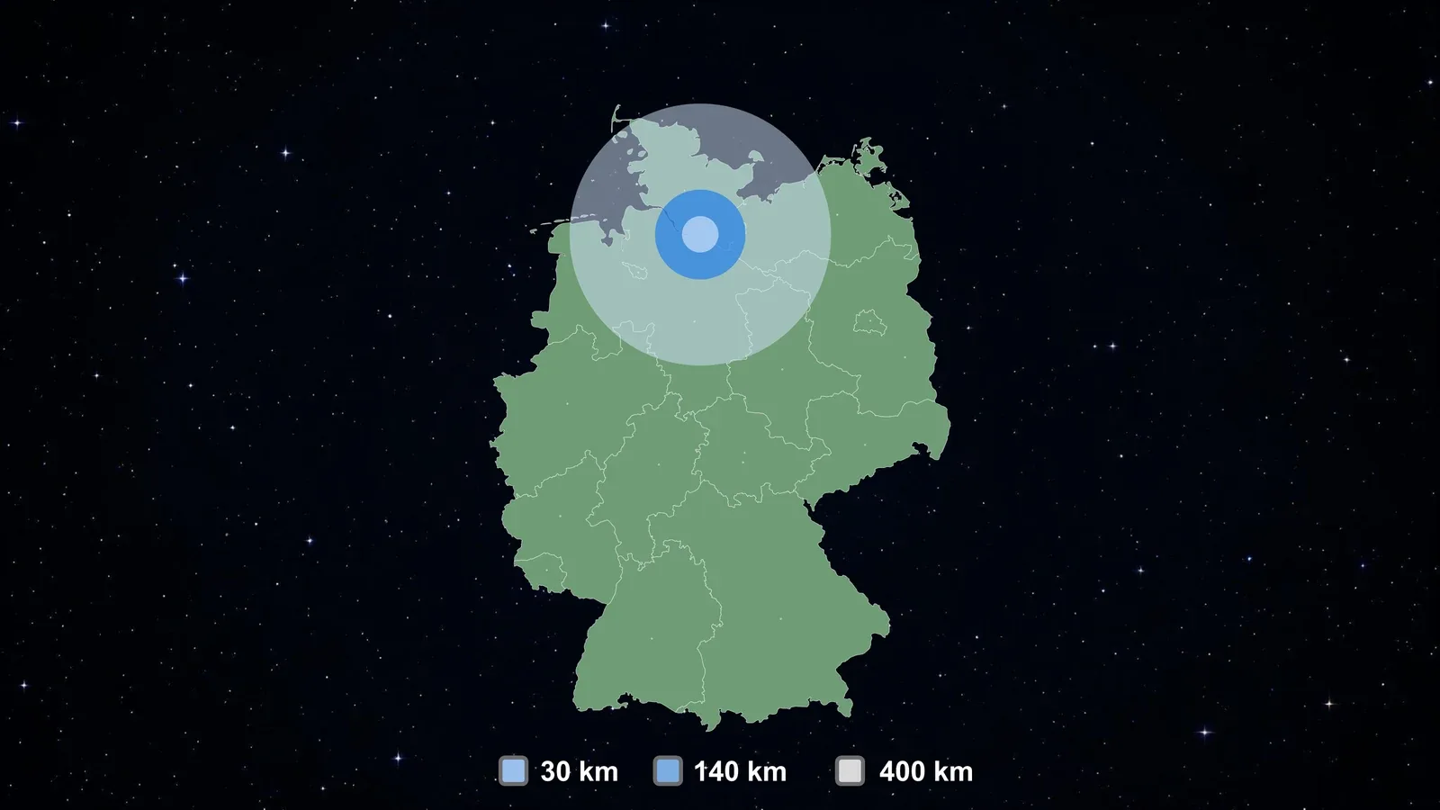 One platform, three concentric service zones over northern Germany. The inner circle is high speed broadband, the middle ring is basic 4G and 5G coverage, and the outer ring handles IoT and messaging.
