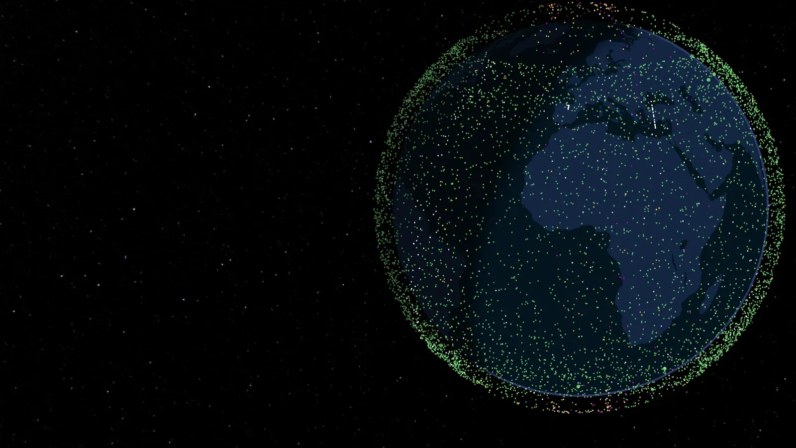 Tracked objects in low Earth orbit. That shell is the band carrying most of the commercial constellations, and it is the layer the entire connectivity industry is betting stays usable. Visualisation from LeoLabs.