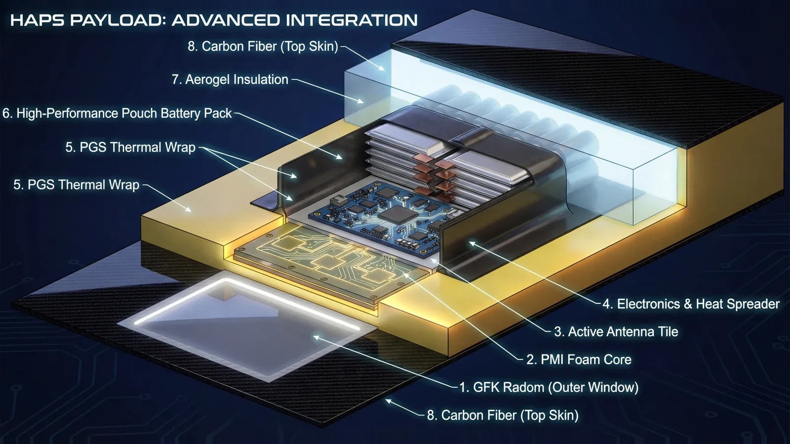 The payload stack: radome, foam core, active antenna tile, heat spreader, graphite thermal wrap, battery pack, aerogel insulation, carbon fibre skin. The thermal path and the structure are the same object.