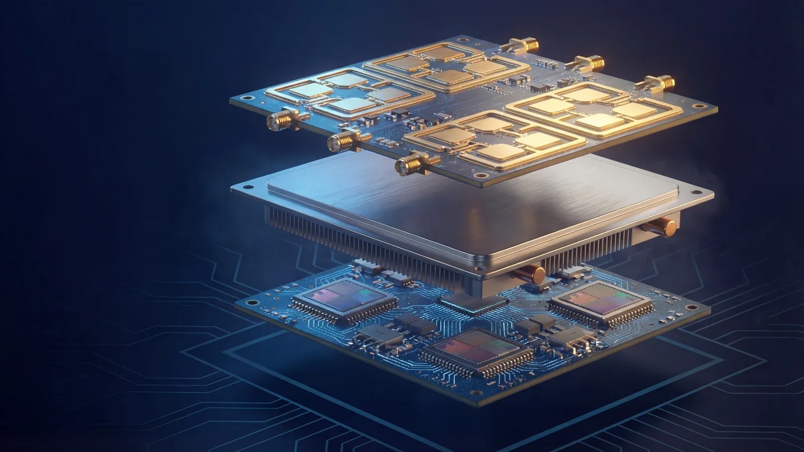 A multi-layer integrated phased array. Beam steering is what lets one platform cut its footprint into many small reusable cells instead of one wide beam, and it is the reason altitude buys spectral efficiency.