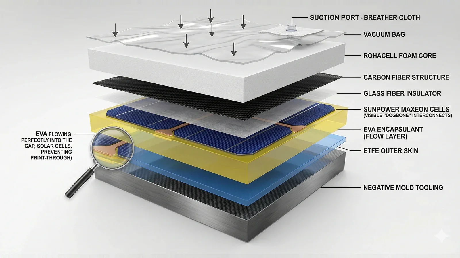 The solar skin layup, from negative mould tooling and ETFE outer skin through EVA encapsulant and cells to the carbon fibre structure and foam core. The detail view shows EVA flowing into the cell gaps to prevent print-through.